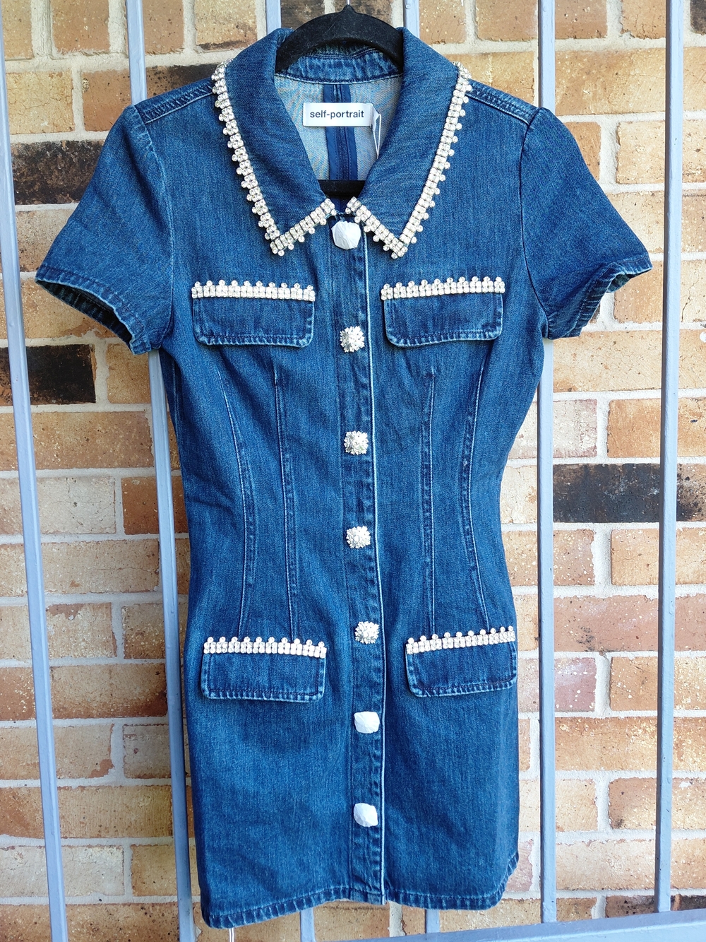 Self-Portrait Blue Denim Pearl-Trim Button Dress - Picture 2 of 10